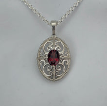 Load image into Gallery viewer, 3D Filigree and 8x6mm Garnet Sterling Silver Pendant