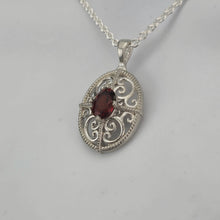 Load image into Gallery viewer, 3D Filigree and 8x6mm Garnet Sterling Silver Pendant