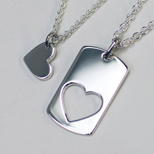 Silver Heart and Dog Tag Puzzle Necklace Set