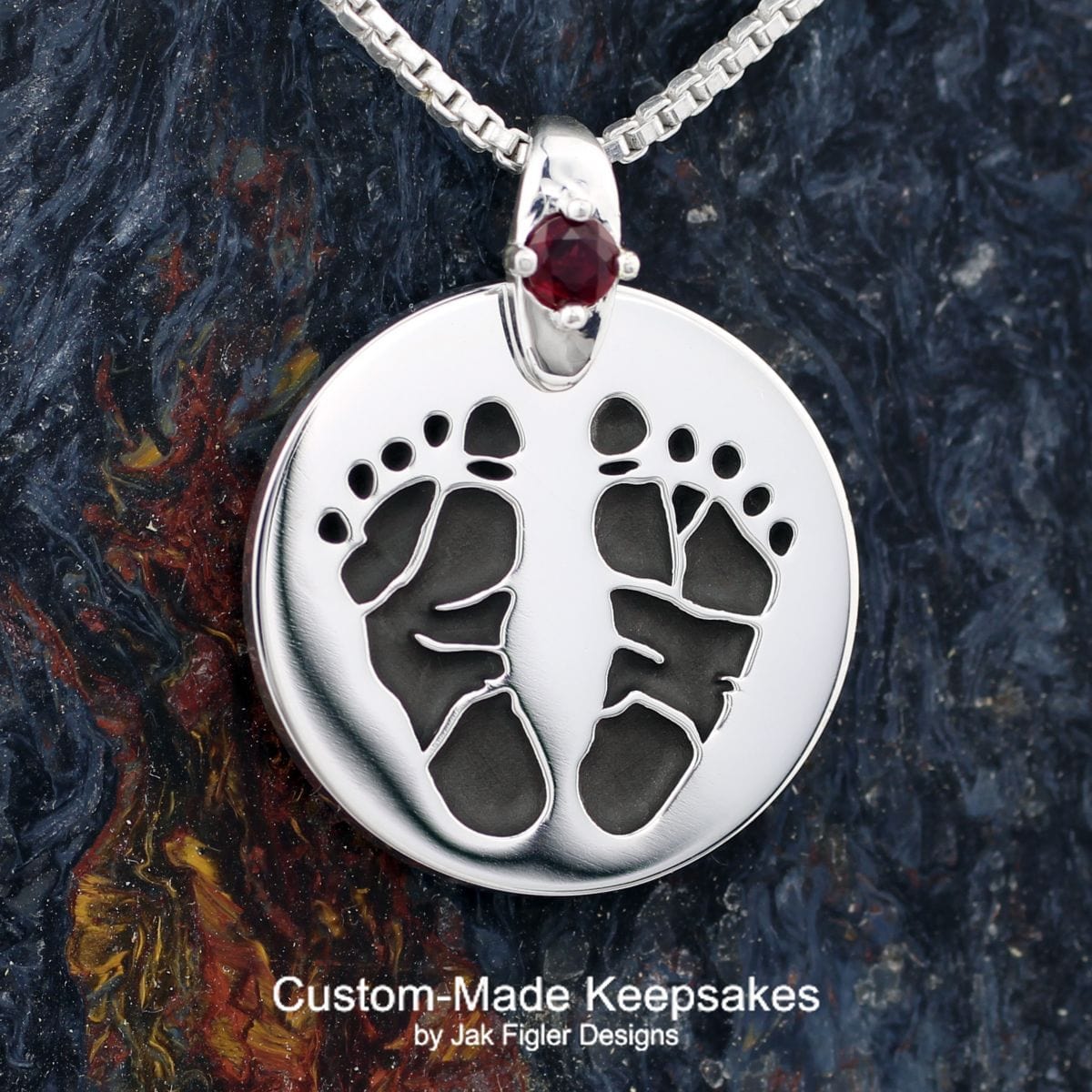 Round Footprint Necklace with Birthstone Jak Figler Designs