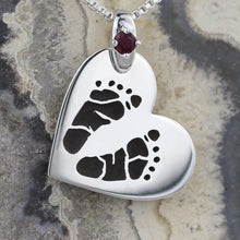 Load image into Gallery viewer, Heart on Side Footprint Necklace with Birthstone
